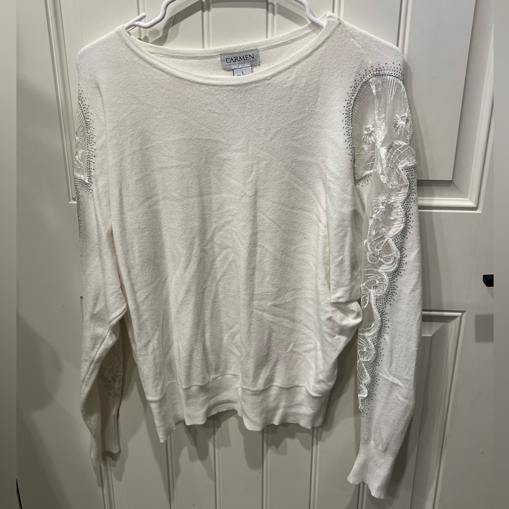 NWOT Large Carmen White Sweater with Delicate Lace and Bedazzled Jewels